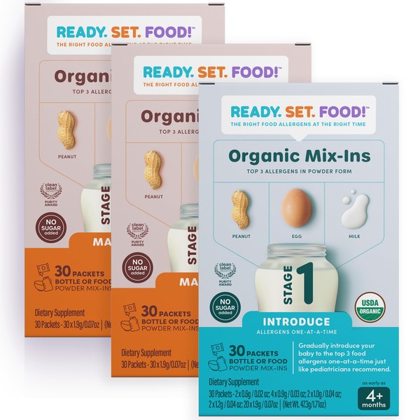 Ready Set Food | Early Allergen Introduction Mix-ins for Babies 4+ Mo | Stage 1+2-90 Days | Top 3 Allergens - Organic Peanut Egg Milk | Safe Easy Effective | For Bottle or Food | ReadySetFood