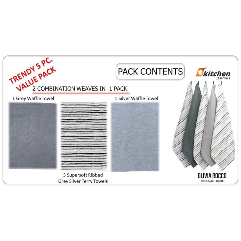 Olivia Rocco 5 Pack Striped Kitchen Tea Towels Cotton Super