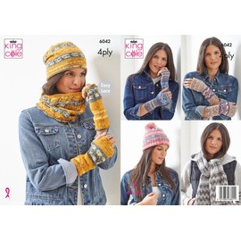 King Cole 4 Ply Knitting Pattern - 6042 Slouch Hat, Snood, Hand Warmers, Hat with Pom Pom, Scarf, Hand Warmers(Short), Hand Warmers (Long)