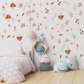 Celestdeco Fairy Wall Decals,Mushroom Wall Decals for Nursery,Boho Flowers Window Sticker Vinyl,Mushroom Nursery Decor,Flowers Fairy Wallpaper for Girls Kids Bedroom Babyroom Playroom Living Room