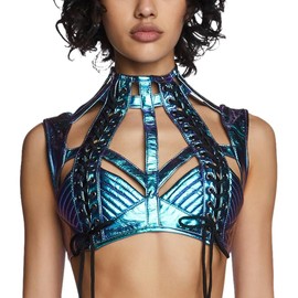 Dolls Kill Rude Awakening Harness Bra Top by Club Exx - Vegan Leather, Lace-Up, Cropped Fit - Perfect for Festivals and Raves - Blue, Large