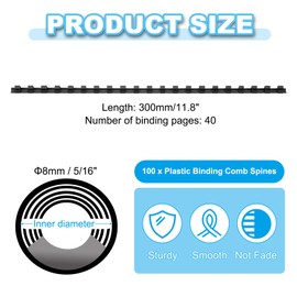 PATIKIL 8mm (5/16") Plastic Binding Combs, 100 Pcs 21 Rings Comb Binding Spines 40 Sheet Capacity Letter Size for Binding Paper Sheets, Black