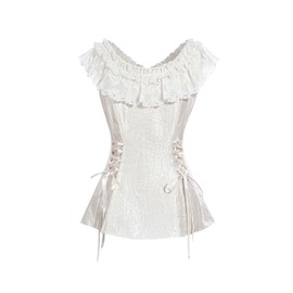 CR ROLECOS Victorian Blouse Women's A-Waist Renaissance Top Vintage Victorian Blouse Crew Neck with Ruffles, White, XXL