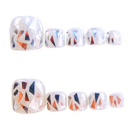 YOMCI Press On Toenails Square Glitter Toe Nail Tips for Women Girls Short False Toenails with Glue On Toenails Design Silver 24Pcs Stick On Toenails for Girls