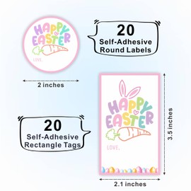 Happy Easter Sticker Kit - Happy Easter Bunny Ear & Carrot - 20 Round Sealing Label & 20 Gift Tags - Adhesive Gift Wrapping Sticker Set for Kids, Teacher, Party Favor & Decorations - A06