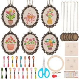 INFUNLY 6 Sets DIY Flower Necklace Embroidery Kit for Adult Beginner Embroidery Pendant Kit Floral Theme Embroidery Necklace Kit Flower Leaf Cross Stitch Kits with Instructions for Women Gift