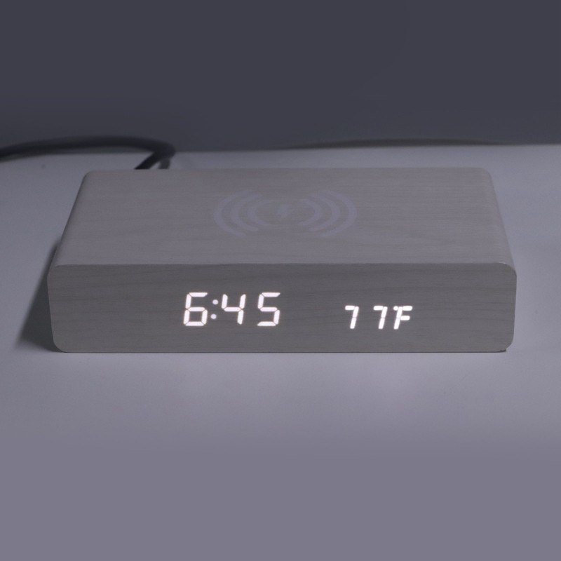Wooden Digital Clock Wireless Charging Function 3 Brightness Electric Alarm