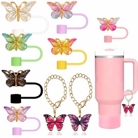 KISSRY Butterfly Straw Toppers, 7 Pcs Straw Cover size 8-10 mm and 2 Pcs Charms For Cup Tumblers, Cute Butterflies Accessories Set For 30, 40 Oz Cup Tumbler, Gift For Birthday Party Decoration