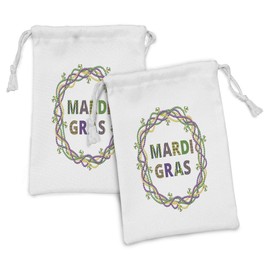 Ambesonne Mardi Gras Fabric Pouch Set of 2, Vivid Beads Circular Frame with Lettering Traditional Patterns Print, Small Drawstring Bag for Toiletries Masks and Favors, 9" x 6", Purple Green Yellow