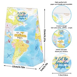 24 Pcs Travel Goodie Bags with Stickers,World Map Themed Birthday Party Favor Bags,Travel Birthday Party Bags for Party Decoration Supplies