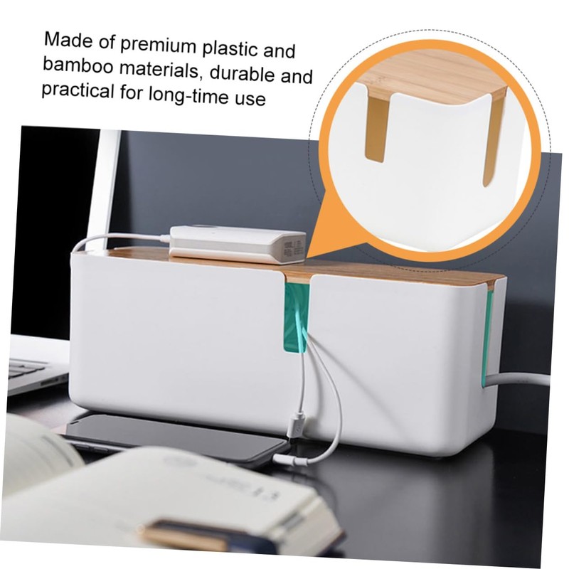 KOMBIUDA Cable Ties Organizer Box with Bamboo Lid Durable Charging