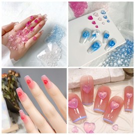 3D Heart Nail Art Charms- 300 Pcs UV Light Color Change Acrylic Heart Nail Rhinestones Clear Flatback Gems 4/6/8mm Nail Jewelry Decorations for Women Girls DIY Manicure Accessories (Red, Pink,Blue)