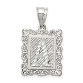 Sterling Silver Alphabet Initial Pendant Necklace with Letter A, Rectangular Textured Charm Featuring Striped Background, Scroll Frame Detail, Monogram Jewelry for Women or Unisex Wear