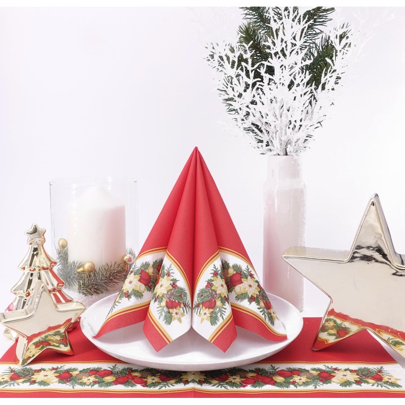 50 Christmas Napkins 40 x 40 Fabric-Like Garland, Colour: Red
