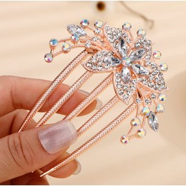 Missgrace Boho Prom Party Flower Floral Hair Combs Blue Pink Purple Champagne Bridal Wedding Shiny Hair Comb Crystal Rhinestones Women Hair Side Combs Hair Accessories for Women (Gold)