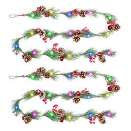 ATTGREAT 2 Pcs of Christmas Garland, 12FT Prelit Christmas Swags Garlands with RGB Lights, Garland with Berries Bells Pinecones for Christmas Trees Window Fireplace Door Stairs Decorations