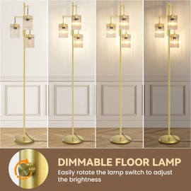 VOUTOORO Industrial Modern Floor Lamps for Living Room, Dimmable Glass Tree Standing Tall Lamps with 3 Elegant Teardrop Cage Head & 800 Lumens LED Bulbs for Bedroom Office (65inch Tall)