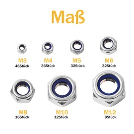 Vigrue 182 piece lock nuts, set of 304 stainless steel nylon self-locking lock nuts, size M3, M4, M5, M6, M8, M10, M12