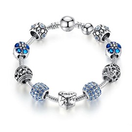 PAHALA 3 Colors Luxury Love Folwer Eurpoean Chain with Crystals Charm Bracelet Bangles (Blue, 20)