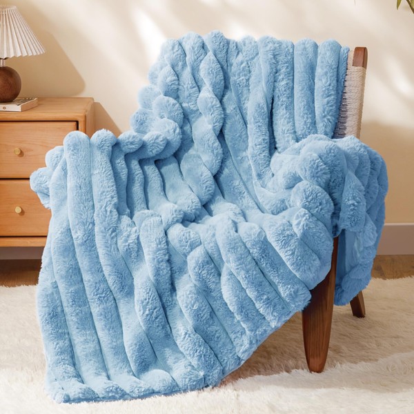 BEDELITE Faux Rabbit Fur Blanket, Luxurious 3D Striped Spring Blanket
