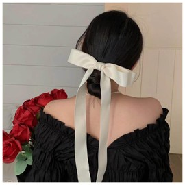 Andelaisi Vintage Silk Satin Bow Hair Clip Long Satin Silk Bow Hairclip Barrette Long Tails Ribbon Bow Hairclip Pin Silky Satin Hair Bow Clips Handmade Long Bow Hair Accessories for Women (White)
