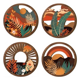 TOARTi 4PCS Boho Wall Art Decor,Wooden Bohemian Wall Art for Living Room,Minimalist Wood Sign Hanging Botanical Geometric Artwork Abstract Plants Desert Sun for Farmhouse Bedroom Office,11x11inch