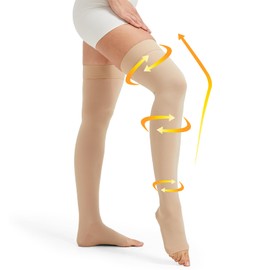 NURCOM 15-20 mmHg Medical Compression Stockings with Dot Silicone Band, Open Toe Thigh High Compression Socks for Men and Women, Graduated Support Stockings for Varicose Veins, Edema, Beige, Small