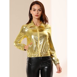 Allegra K Women's Holographic Shiny Party Christmas Long Sleeve Lightweight Zipper Metallic Jacket Large Golden