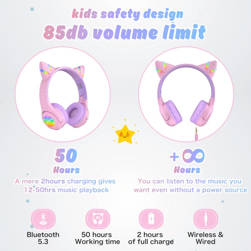 Riwbox CF9 - Auriculares Bluetooth para niños con luz LED,