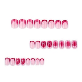 French Tip Press on Nails Short Flower Fake Nails Glossy Square Acrylic Nails Full Cover Glue on Nails Summer Design Floral Nails Press ons Cute False Nails Reusable Stick on Nails for Women