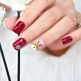Christmas Day Design Press on Nails - iBeautying False Nails - Chinese Red Snowman Smile Cute Finish Finger Daily Wear Nail - Medium-short Square Acrylic Reusable Fake Nails 24pcs