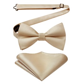 HISDERN Bow Tie Pre-Tied Men's Bow Tie with Pocket Square Set Plain Bow Tie Suit for Tuxedo Wedding, A2-beige