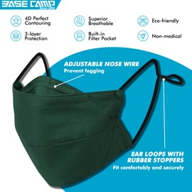 BASE CAMP Reusable Cloth Dust Face Masks 100% Cotton Washable Adjustable Breathable Fabric Mask with Filter Pocket (Black+Green+Blue-L)