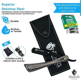 Straight Edge Wooden Throat razor for sale with Stainless Steel Blade, 100 Single Edged Blades, Comfortable Wooden Handle & Sleek Leather Pouch - Flawless manual shaver:_Premium Barber Straight Razor With 10 Free Blades