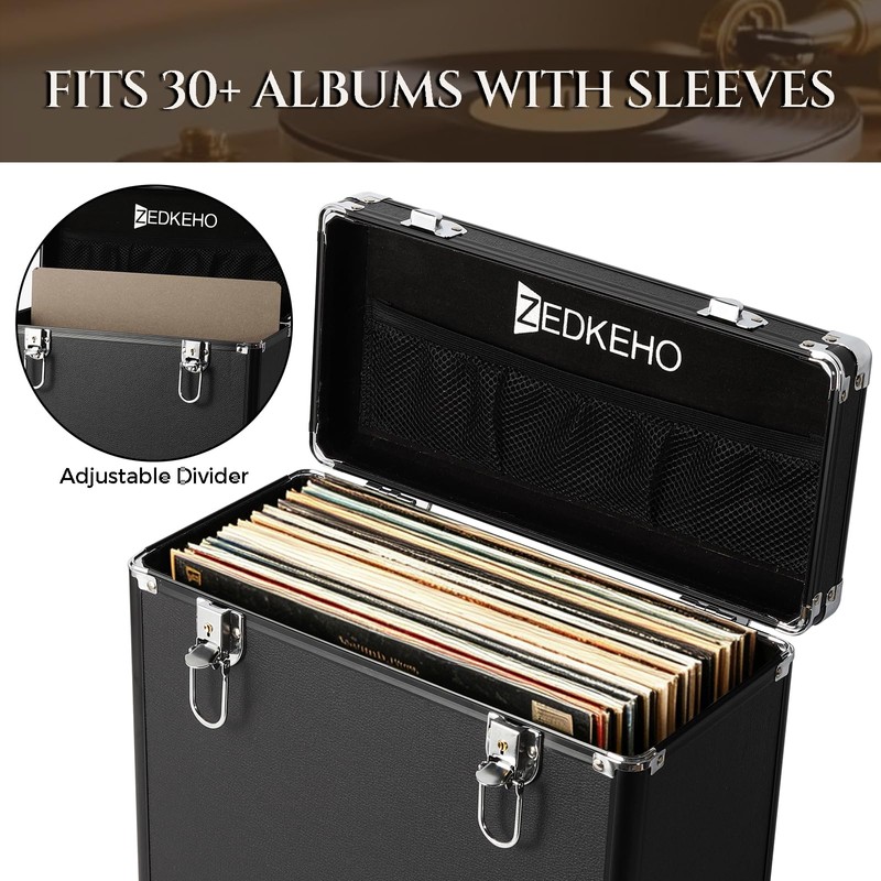 ZEDKEHO Vinyl Record Storage Box with Lock, Holds 35+ LP