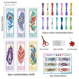 INFUNLY 6PCS Colorful Feather Cross Stitch Bookmark Kit for Adults 8.66"×3.15" Feather Pattern Boho Embroidery Bookmark Kit Ethnic Counted Cross Stitch Kit with Instruction for Book Lovers DIY