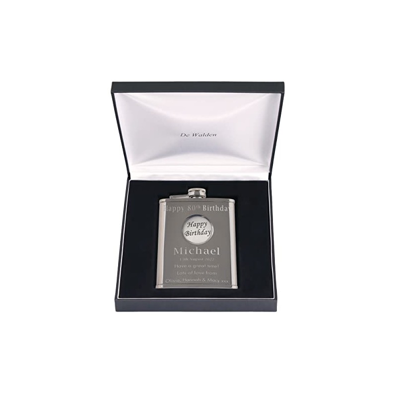 80th Birthday Engraved Hip Flask Happy Birthday Feature in Gift