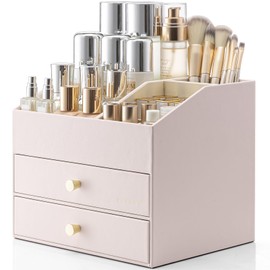 Vlando Makeup Organizer,Skincare Organizer for Vanity，PU Leather Make up Organizer with Drawers Cosmetic Display Case for Countertop,Bathroom,Gifts Ideas for Women (Apricot White)