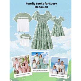 PATPAT Family Matching Outfits Mom and Daughter Matching Dresses Square Neck Short Puff Sleeve Casual Boho Beach Tiered Midi Smocked Sage Green Dusty Floral Dress Couples Outfits Women M