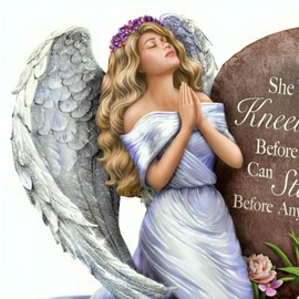 The Hamilton Collection She Who Kneels Before God Can Stand Before Anyone Angel Figurine Religious Faith Keepsake Handcrafted Resin Glitter Accents Bas-Relief Flowers by Dona Gelsinger 5.12-inches
