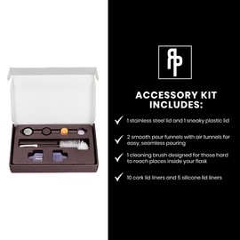Ragproper Glass Flask Accessory Kit - Cleaning Set with Cleaning Brush, Silicone & Cork Lid Liners, Stainless Steel & Plastic Lids & Smooth Pour Funnels (Single Shot, 100mL)