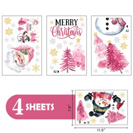 Mfault Merry Christmas Snowman Pink Window Clings 4 Sheets, Xmas Tree Santa Claus Stickers Decals Decorations, Winter Holiday Snowflake Cardinal Home Kitchen Decor