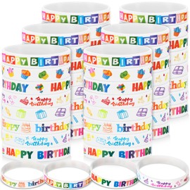 Cunno 60 Pcs Birthday Rubber Bracelets Colorful Silicone Stretch Wristbands Birthday Classroom Gifts for Kids Students Teacher Reward Back to School Birthday Party Favors Classroom Supplies (White)
