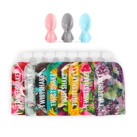 Twistshake Baby Food Bags 100ml + Spoon - Set of 8 | Reusable Baby Food Bag with Double Zip | BPA Free Fill n Squeeze Baby Weaning Bags | Freezer Safe