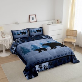 Feelyou Bear Comforter Set Boys Girls Farmhouse Wild Animal Comforter Rustic Bear Family Bedding Set Bear Paws Blue Bedroom Decor Duvet Set Twin Size