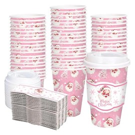 JarThenaAMCS 50Pcs 16Oz Pink Christmas Disposable Coffee Cups with Lids and Straws Cute Santa Xmas Tree Paper Drinking Cups for Winter Birthday Party Supplies