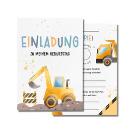 5er-Set Handgefertigte Bagger Kindergeburtstags-Einladungskarten | DIN A6 | Abenteuerliche Partyeinladungen | Recyclingpapier | Umweltfreundlich | Einladung für Kinder, Jungs und Mädchen
