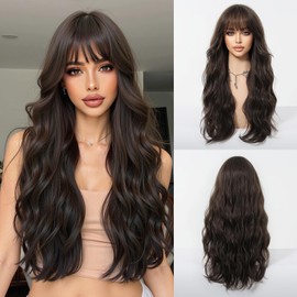 Esmee Long Wavy Dark Brown Wigs for Women Natural Synthetic Hair Heat Resistant Wigs with Bangs for Daily Party Cosplay Use-26 Inches