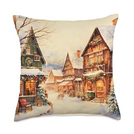 Christmas tree covered with snow and countryside Winter Christmas Tree Covered with Snow and Country Throw Pillow, 18x18, Multicolor