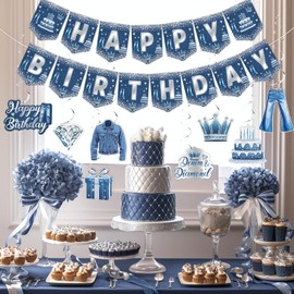 kreat4joy Denim and Diamonds Birthday Party Decoration, Denim and Diamonds Happy Birthday Banner Jacket Jean Themed Hanging Swirl for Girl Woman 18th 21st 20th 30th Party Decoration